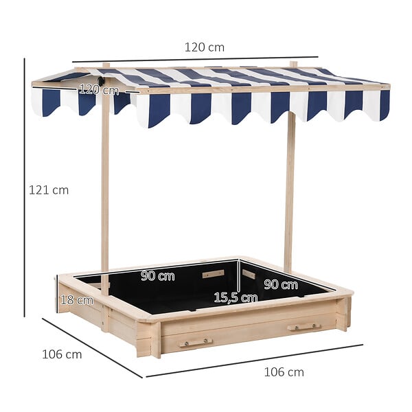 OUTSUNNY - Bac à sable carré en bois pour enfant dim. 106L x 106l cm avec bancs et couvercle - auvent réglable - large