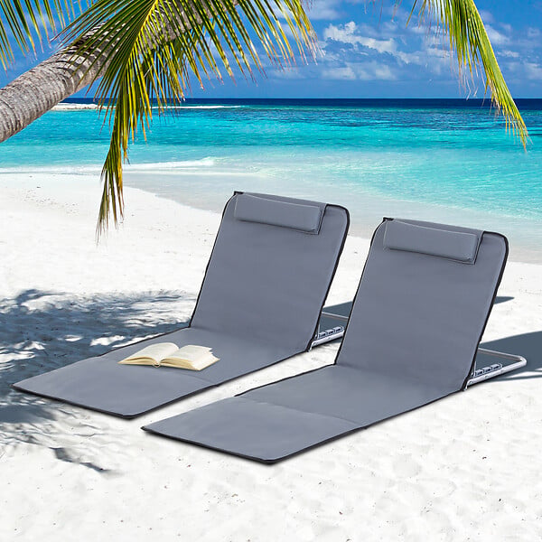 OUTSUNNY - Lot de 2 tapis de plage rembourré - matelas de plage - nattes de plage - dossier inclinable multi-positions - sac transport inclus - métal polyester PE gris - large