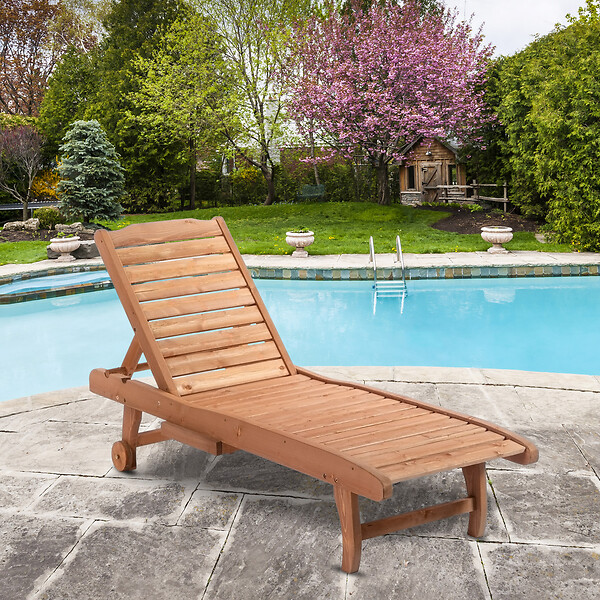 OUTSUNNY - Bain de soleil transat style colonial dossier réglable 3 positions roulettes tablette support bois sapin pré-huilé - large