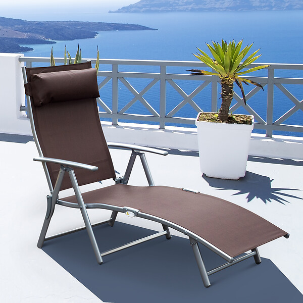 OUTSUNNY - Outsunny transat chaise longue bain de soleil pliable dossier inclinable multi-positions têtière fournie 137L x 64l x 101H cm métal époxy textilène marron - large