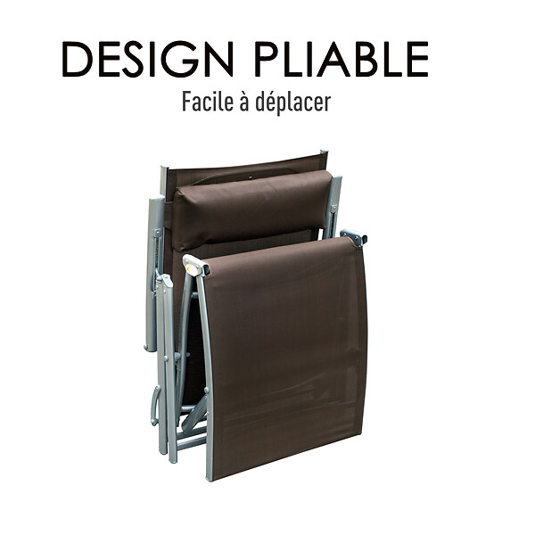 OUTSUNNY - Outsunny transat chaise longue bain de soleil pliable dossier inclinable multi-positions têtière fournie 137L x 64l x 101H cm métal époxy textilène marron - large