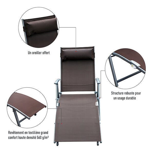 OUTSUNNY - Outsunny transat chaise longue bain de soleil pliable dossier inclinable multi-positions têtière fournie 137L x 64l x 101H cm métal époxy textilène marron - large