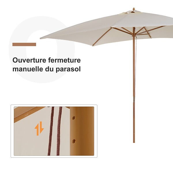 OUTSUNNY - Parasol droit rectangulaire bois polyester haute densité 2,95L x 2l x 2,55H m crème - large