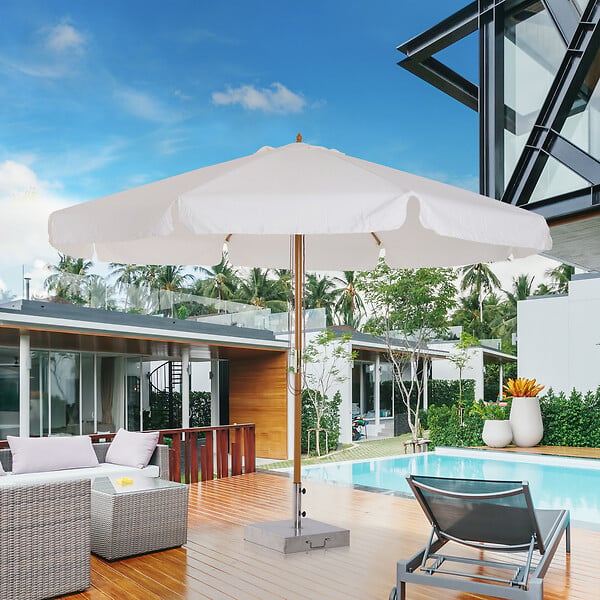 OUTSUNNY - Parasol droit rond grande taille de jardin Ø 3,25 x 2,5H m bois de bambou polyester crème - large