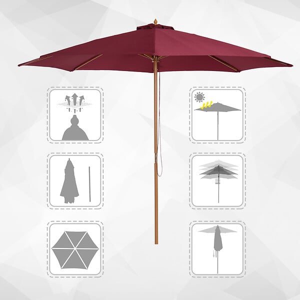 OUTSUNNY - Outsunny Parasol droit en bois polyester haute densité protection solaire Ø 3 x 2,5 m rouge - large