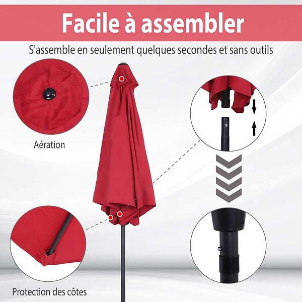 OUTSUNNY - Parasol inclinable de jardin balcon terrasse manivelle toile polyester imperméabilisée haute densité 180 g/m² Ø2,6 x 2,35H m alu rouge vineux - large