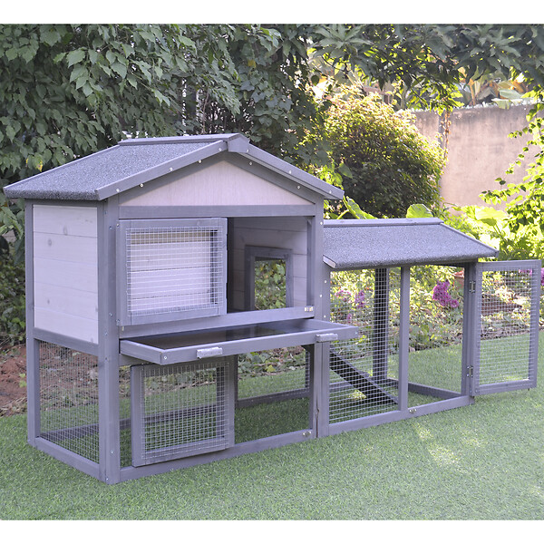 PAWHUT - Clapier cage à lapins rongeurs 2 niveaux 3 portes verrouillables tiroir à déjection toit intégral bitumé 147L x 54l x 84H cm bois massif pin gris blanc - large