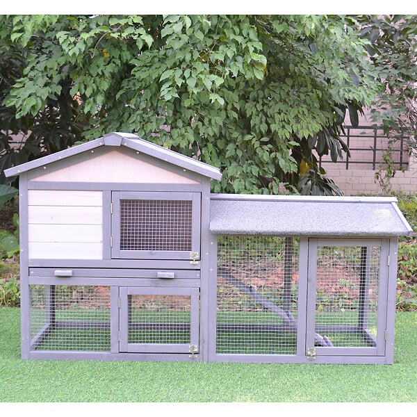 PAWHUT - Clapier cage à lapins rongeurs 2 niveaux 3 portes verrouillables tiroir à déjection toit intégral bitumé 147L x 54l x 84H cm bois massif pin gris blanc - large