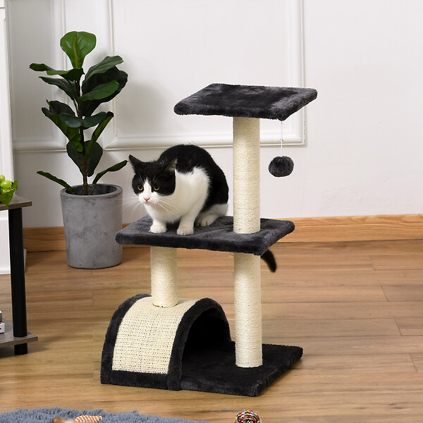 PAWHUT - Arbre à chat griffoir grattoir design jeu boule suspendue 2 plateformes peluche sisal naturel gris - large