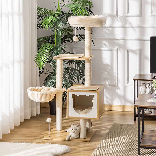 PAWHUT - Arbre à chat multi-équipement griffoirs grattoirs niche hamac panier coussins amovibles H126 cm peluche courte sisal naturel beige - large