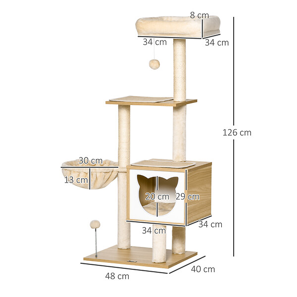PAWHUT - Arbre à chat multi-équipement griffoirs grattoirs niche hamac panier coussins amovibles H126 cm peluche courte sisal naturel beige - large