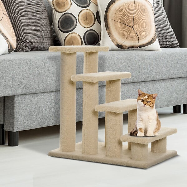 PAWHUT - Escalier pour chat - escalier pour chien - 4 marches - revêtement flanelle grande douceur haute densité - structure panneaux particules - beige - large