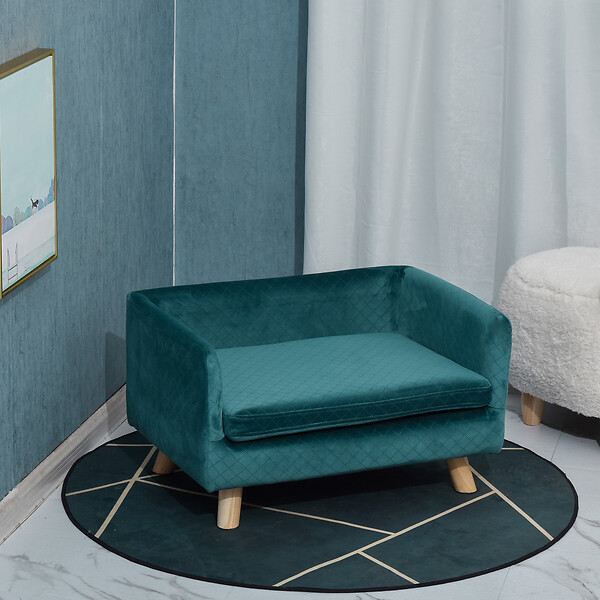 PAWHUT - Canapé chien lit pour chien design scandinave coussin moelleux pieds bois massif dim. 64 x 45 x 36 cm velours bleu canard - large