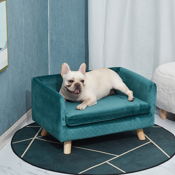 PAWHUT - Canapé chien lit pour chien design scandinave coussin moelleux pieds bois massif dim. 64 x 45 x 36 cm velours bleu canard - large