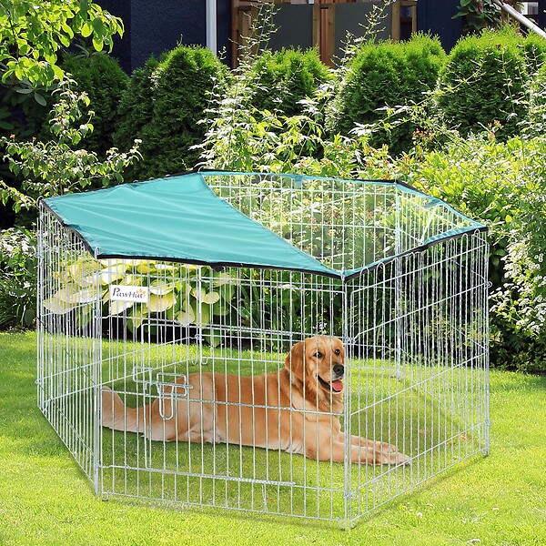 PAWHUT - PawHut Parc enclos modulable Acier 6 Panneaux et 1 Porte pour Chiens Ø 120 x 60 cm Gris Métal vert - large