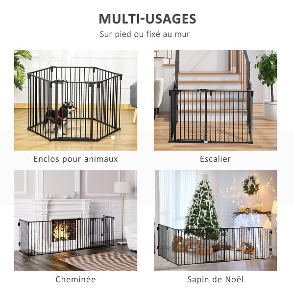PAWHUT - PawHut Barrière de sécurité - parc enclos chien modulable pliable - porte verrouillable - 6 panneaux acier et PP - dim. 362,5L max. x 76H cm noir - large