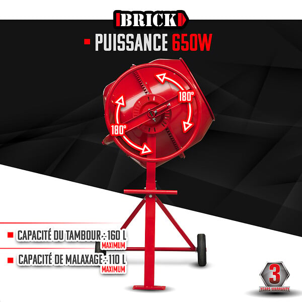 BRICK - Bétonnière 650w - Capacité du tambour 160L - Avec roues - large
