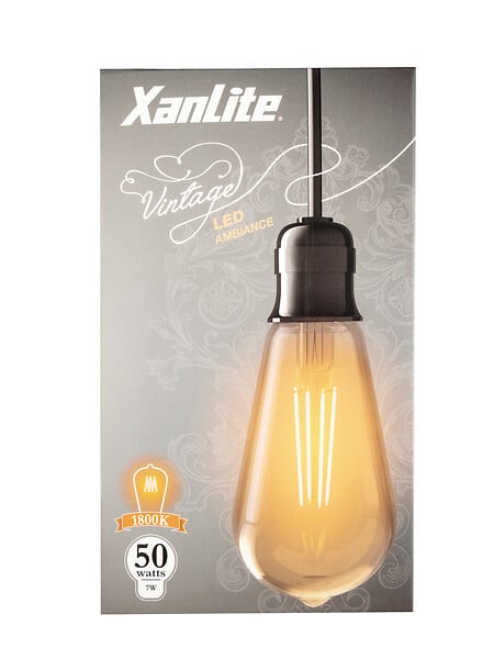 XANLITE - Ampoule LED déco éclairante, culot E27, forme Edison, puissance 7W, équivalent 50W, flux 638 lm, lumière blanc très chaud 1800 K, verre ambré, usage intérieur décoratif - large