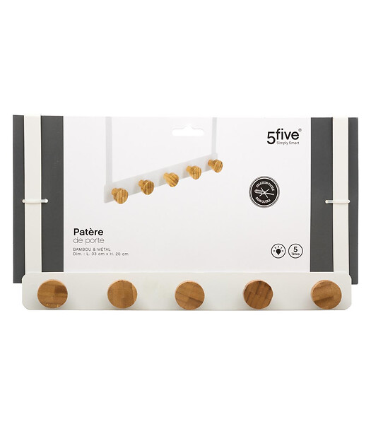 5 FIVE SIMPLY SMART - Patère de porte en Métal Blanc 5 Têtes en Bambou L 33 cm - large