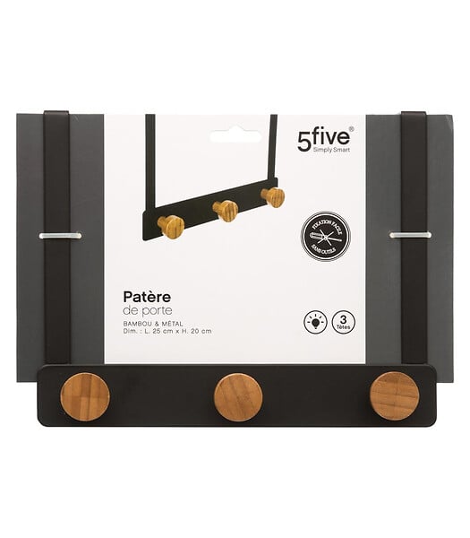 5 FIVE SIMPLY SMART - Patère de porte en Métal Noir 3 Têtes en Bambou L 25 cm - large
