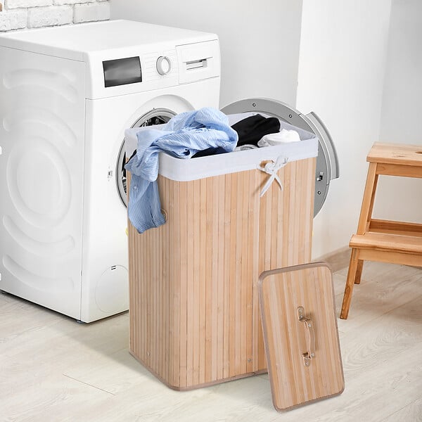 HOMCOM - Panier à linge corbeille à linge bac à linge bambou pliable couvercle sac amovible 3 poignées PU 40L x 30l x 60H cm beige - large