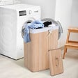 HOMCOM - Panier à linge corbeille à linge bac à linge bambou pliable couvercle sac amovible 3 poignées PU 40L x 30l x 60H cm beige - vignette