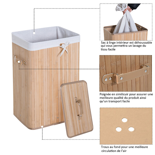 HOMCOM - Panier à linge corbeille à linge bac à linge bambou pliable couvercle sac amovible 3 poignées PU 40L x 30l x 60H cm beige - large