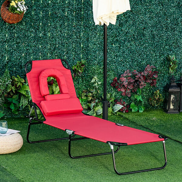 OUTSUNNY - Bain de soleil pliable transat inclinable 4 positions chaise longue de lecture 3 coussins fournis rouge - large