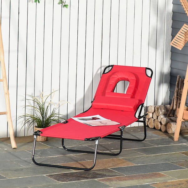 OUTSUNNY - Bain de soleil pliable transat inclinable 4 positions chaise longue de lecture 3 coussins fournis rouge - large