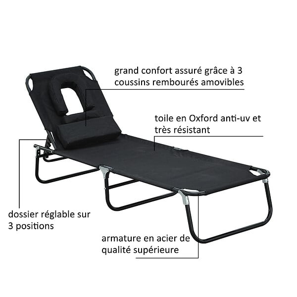 HOMCOM - Transat de jardin chaise longue pliante bain de soleil pour lecture noir - large