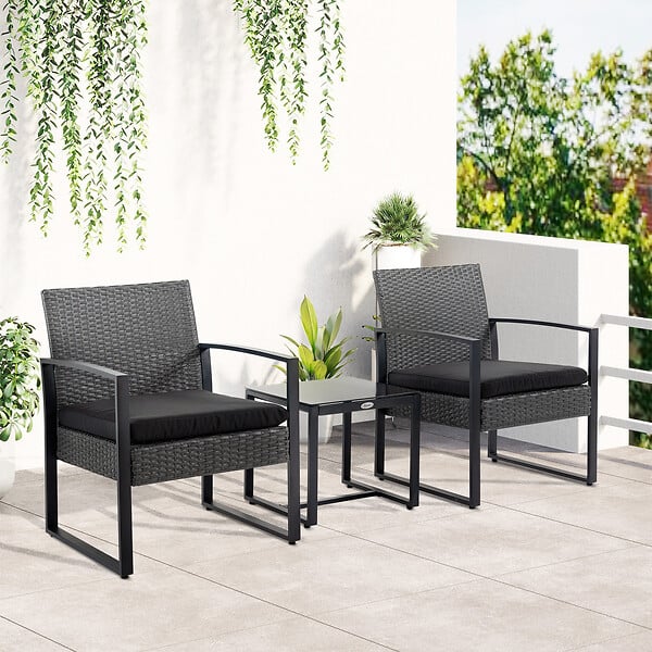 OUTSUNNY - Salon de jardin 2 places 3 pièces 2 chaises avec coussins + table basse plateau verre trempé résine tressée aspect rotin noir - large