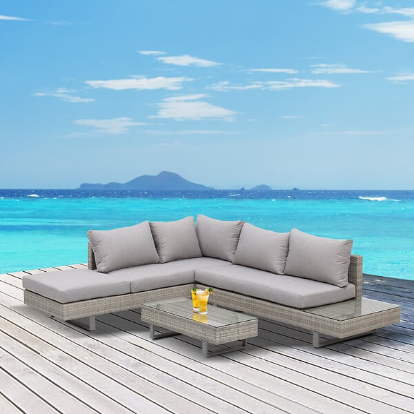 OUTSUNNY - Ensemble salon de jardin d'angle 5 places design contemporain coussins déhoussables table basse acier époxy résine tressée grise - large