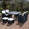 OUTSUNNY - Ensemble salon de jardin encastrable 8 personnes 9 pièces résine tressée 4 fils imitation rotin noir coussins déhoussables crème - vignette