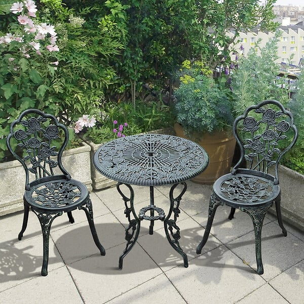 OUTSUNNY - Ensemble salon de jardin 2 places 2 chaises + table ronde style néo-rétro motif rose lignes fuselées fonte d'aluminium vert vieilli - large