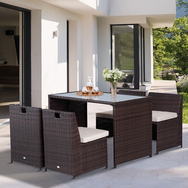 OUTSUNNY - Ensemble salon de jardin encastrable 4 chaises monoblocs avec coussins déhoussables et table résine tressée chocolat - large