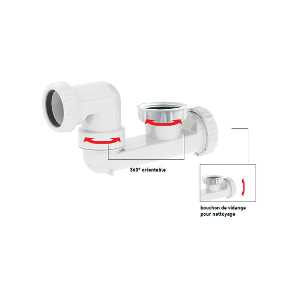 VALENTIN - Siphon baignoire blanc H124 - bouchon de dégorgement - large