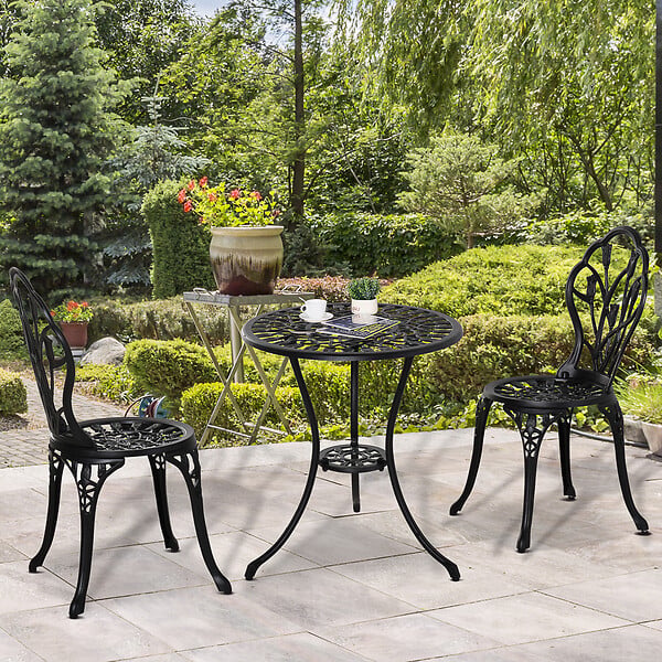 OUTSUNNY - Ensemble salon de jardin 2 places 2 chaises + table ronde fonte d'aluminium imitation fer forgé noir - large
