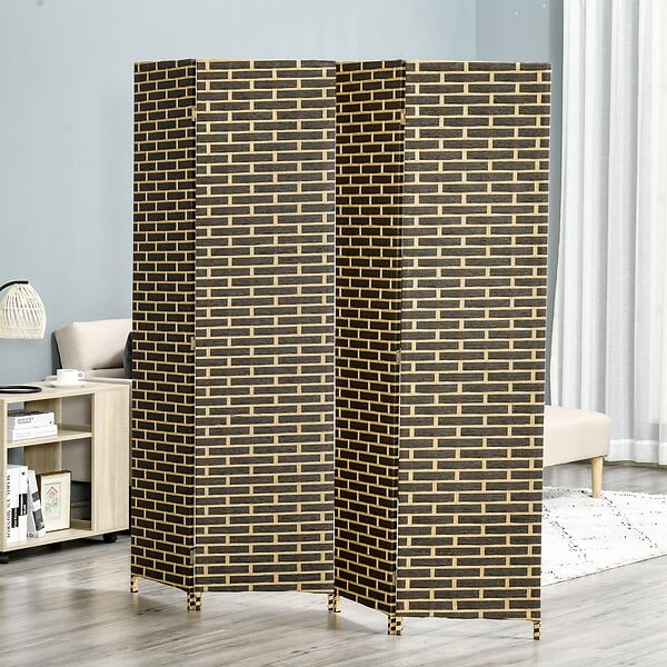 HOMCOM - Paravent intérieur 4 panneaux pliables séparateur de pièce bois de peuplier fibres de papier tressée chocolat paille - large