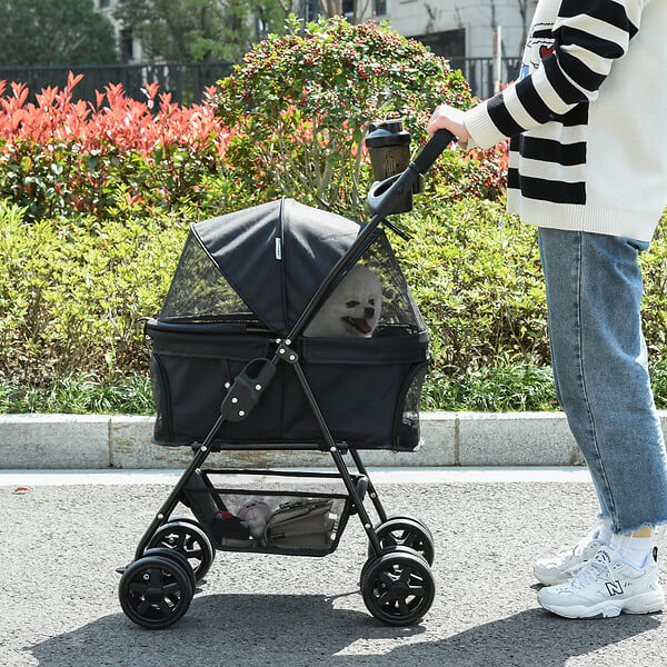 PAWHUT - Poussette buggy pliable chien chat panier rangement porte-gobelets tissu 300D Oxford imperméable 4 roues noir - large