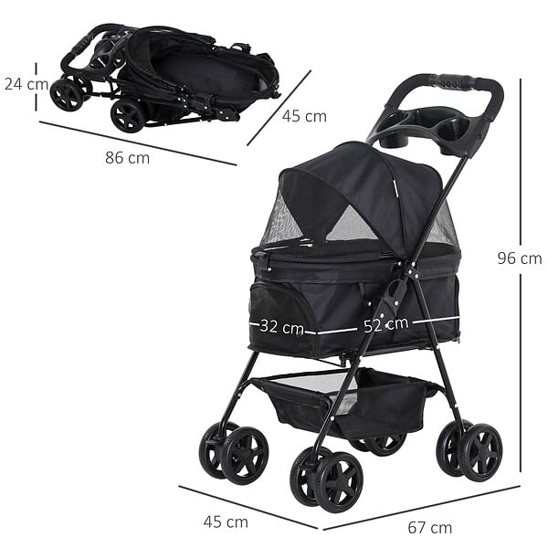 PAWHUT - Poussette buggy pliable chien chat panier rangement porte-gobelets tissu 300D Oxford imperméable 4 roues noir - large