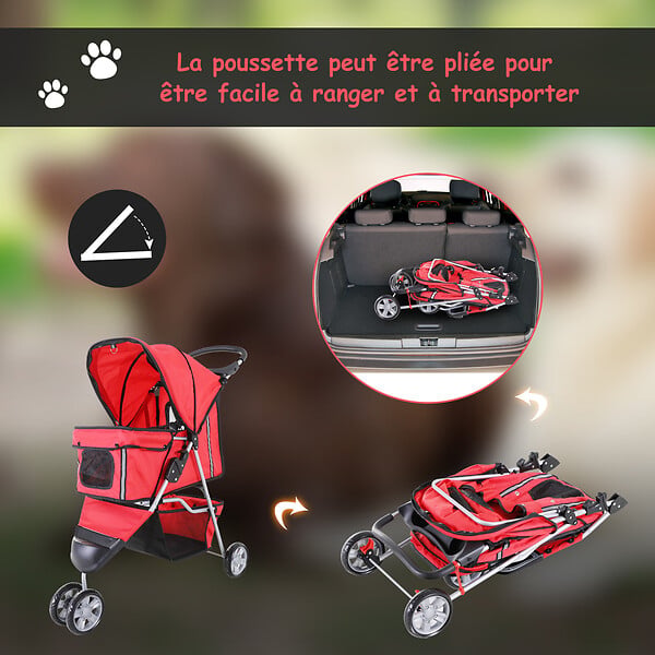 PAWHUT - Poussette buggy pour chien chat animaux roue avant pivotante 360 degrés rouge - large