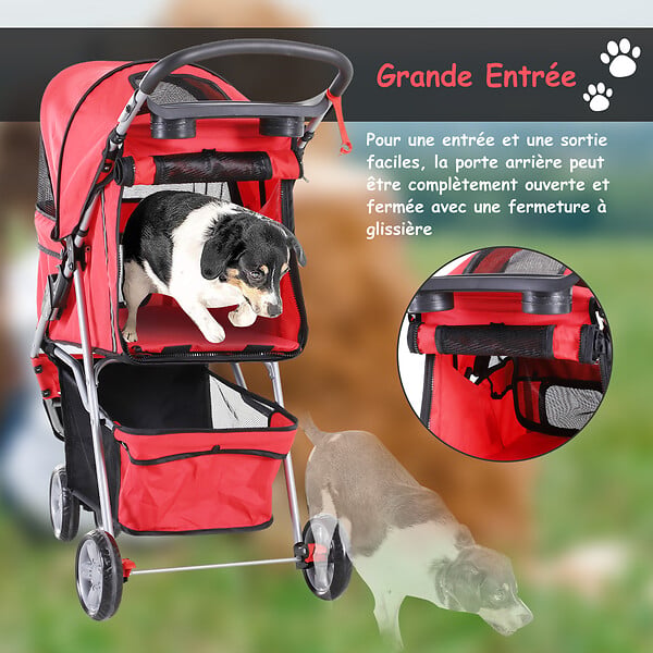 PAWHUT - Poussette buggy pour chien chat animaux roue avant pivotante 360 degrés rouge - large