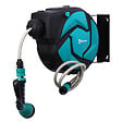 OUTSUNNY - Dévidoir mural enrouleur automatique pivotant 180Â° tuyau 10 + 1 m avec lance arrosage support mural intégré turquoise noir - vignette