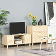 HOMCOM - Meuble TV banc TV 2 niches 2 placards porte cannage en rotin dim. 115L x 40l x 48H cm MDF aspect bois clair - vignette