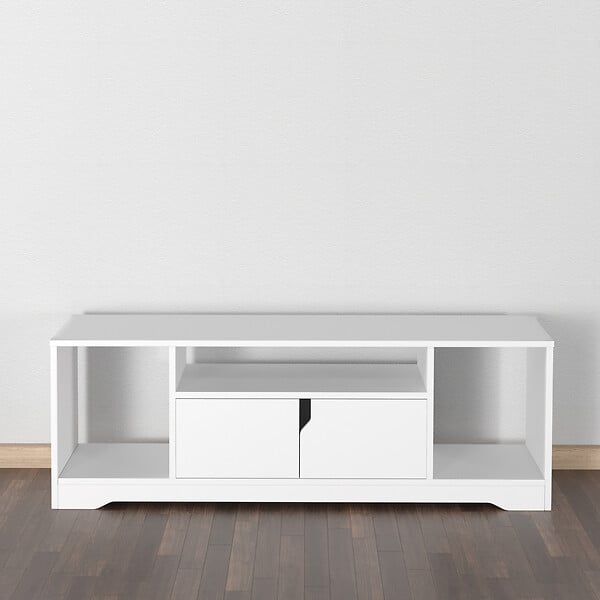 HOMCOM - Meuble TV banc TV design contemporain - 3 niches, placard double porte - dim. 120L x 30l x 41H cm - panneaux particules blanc - large