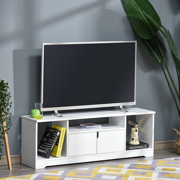 HOMCOM - Meuble TV banc TV design contemporain - 3 niches, placard double porte - dim. 120L x 30l x 41H cm - panneaux particules blanc - large