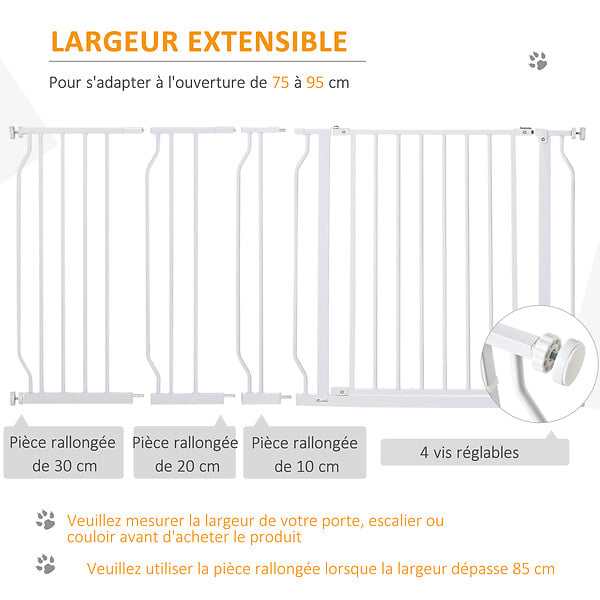 PAWHUT - Barrière de sécurité animaux - longueur réglable dim. 75-145 cm - porte double verrouillage, ouverture double sens -sans perçage - acier ABS blanc - large