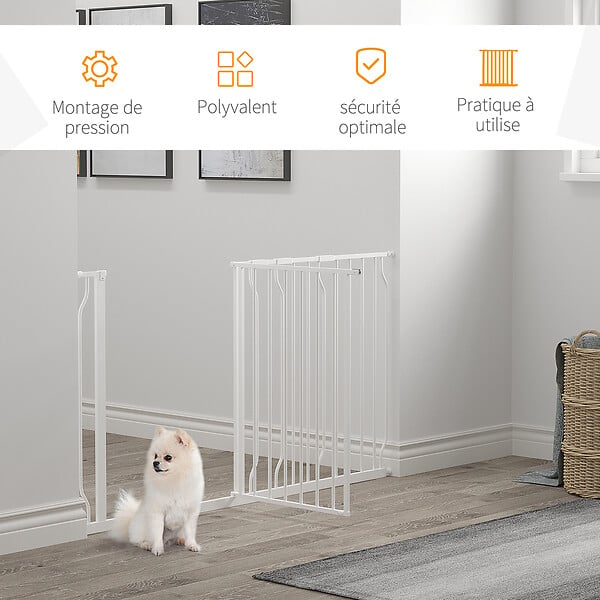 PAWHUT - Barrière de sécurité animaux - longueur réglable dim. 75-145 cm - porte double verrouillage, ouverture double sens -sans perçage - acier ABS blanc - large