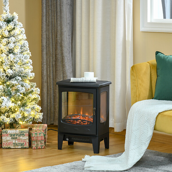 HOMCOM - Cheminée électrique poêle style néo-rétro 1000-2000 W simulation flammes LED luminosité réglable acier ABS noir - large