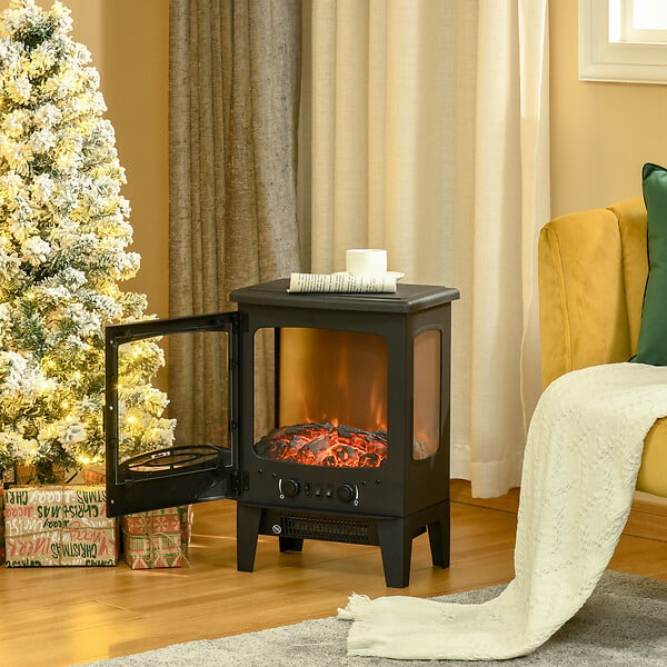 HOMCOM - Cheminée électrique poêle style néo-rétro 1000-2000 W simulation flammes LED luminosité réglable acier ABS noir - large